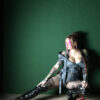 Snake skin jeans body with lacing on sides, zipper in front. Handmade and one of a kind