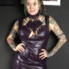 purple faux leatherdress with silver safety pins and lacing on the side and open back
