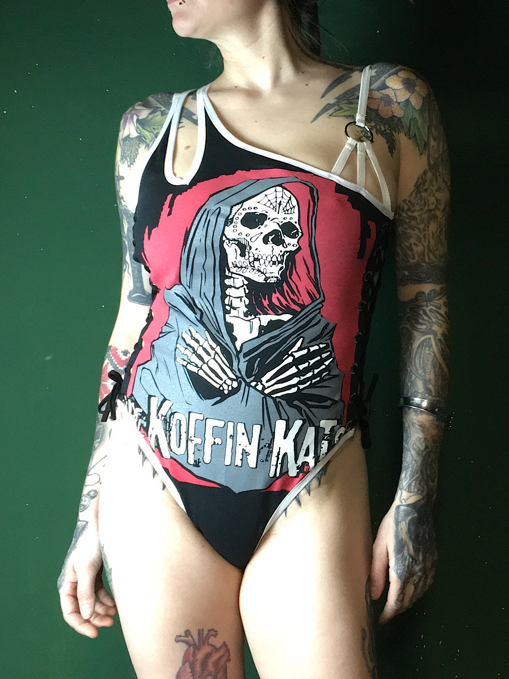 Koffin mats band upcycled shirt into swimsuit, bodysuit